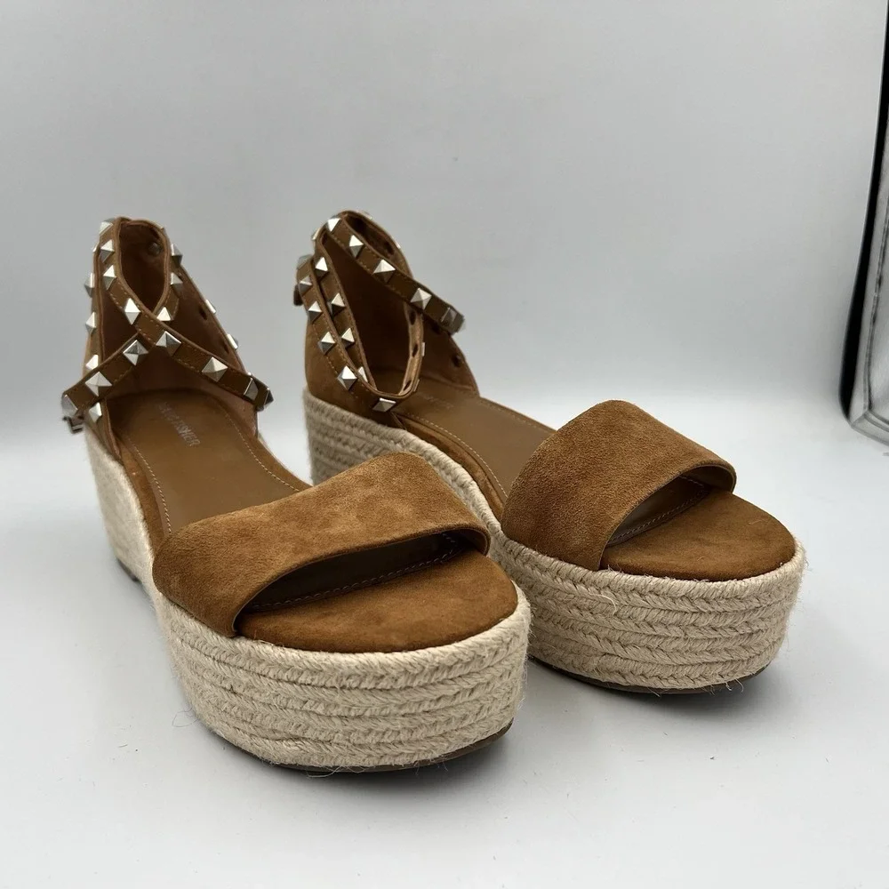 Marc Fisher Jazlyn Espadrille Wedge Sandals Studded Brown Tan Suede Women's 7M